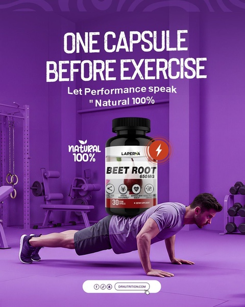 This creative uses a bold, performance-focused claim paired with a centered product shot of Beet Root capsules against a monochrome gym background.